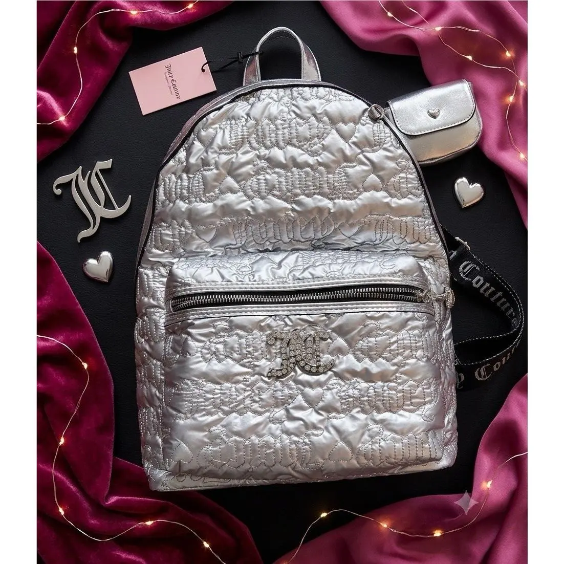 Metallic Silver Puffer Backpack Quilted Y2K School Bag Coin Purse by Juicy Couture