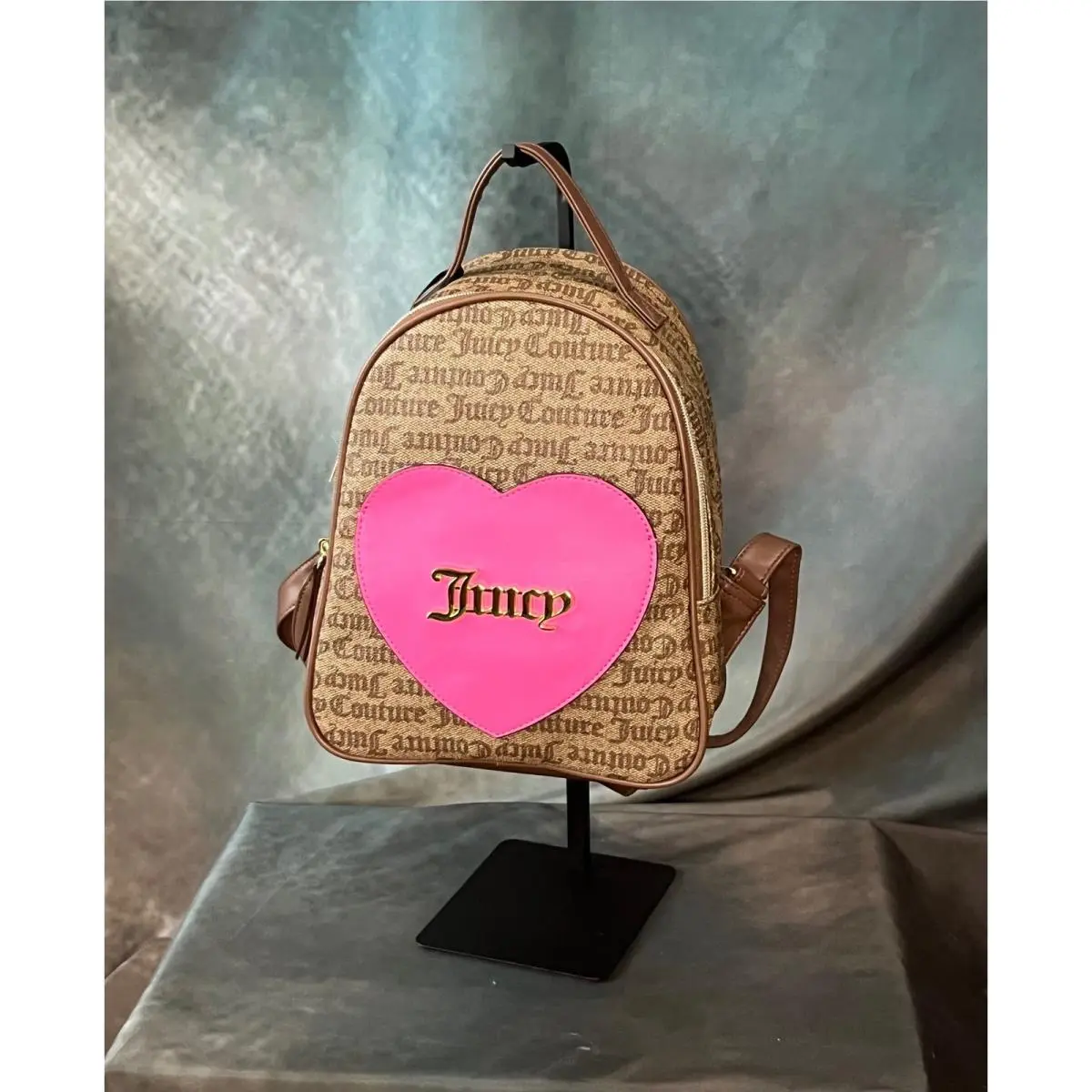 Tan Monogram Mini Backpack Pink Heart Gold Logo by Juicy Couture
