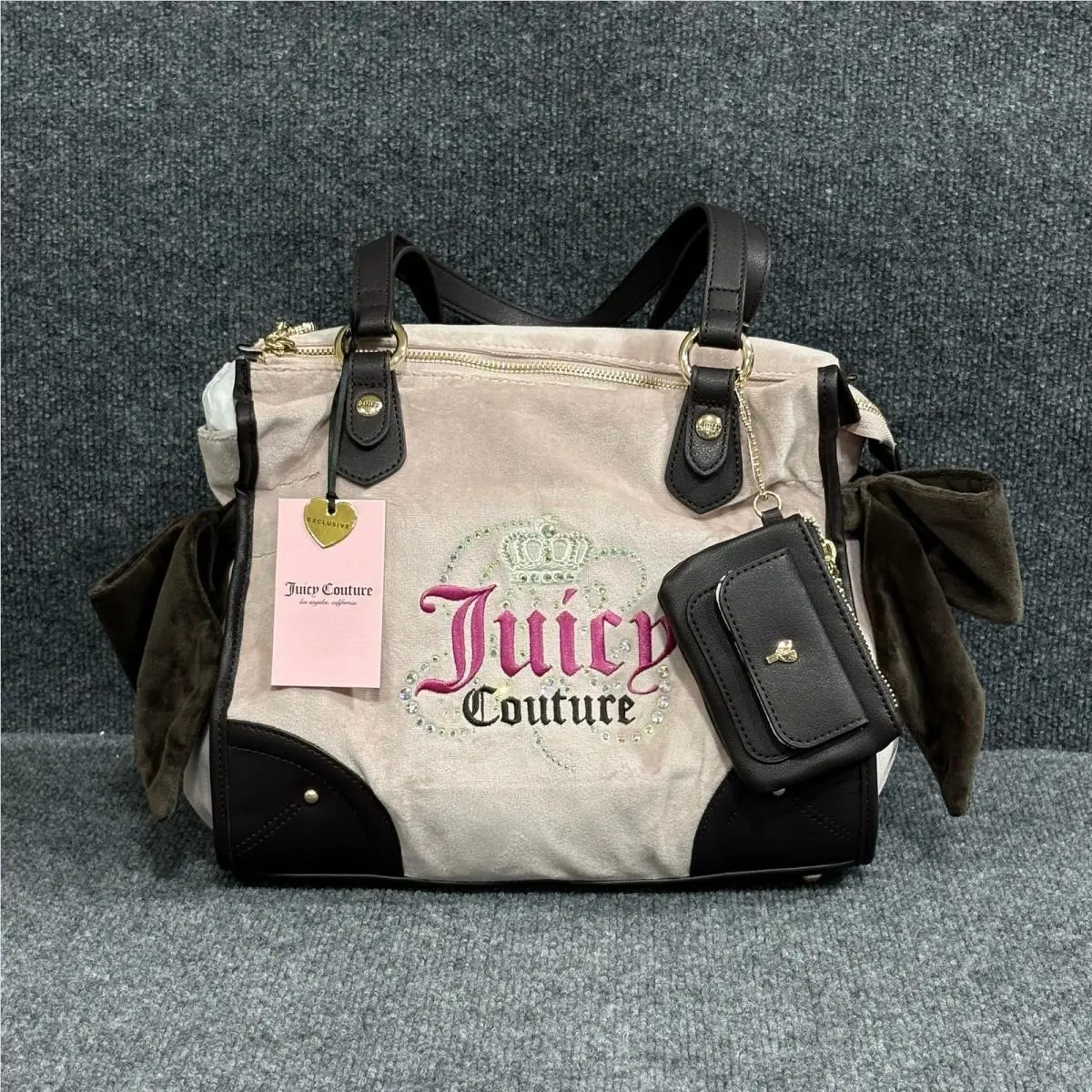 Tote Bag Womens Medium Pink Bow Velour Logo Charm Pouch Crown by Juicy Couture