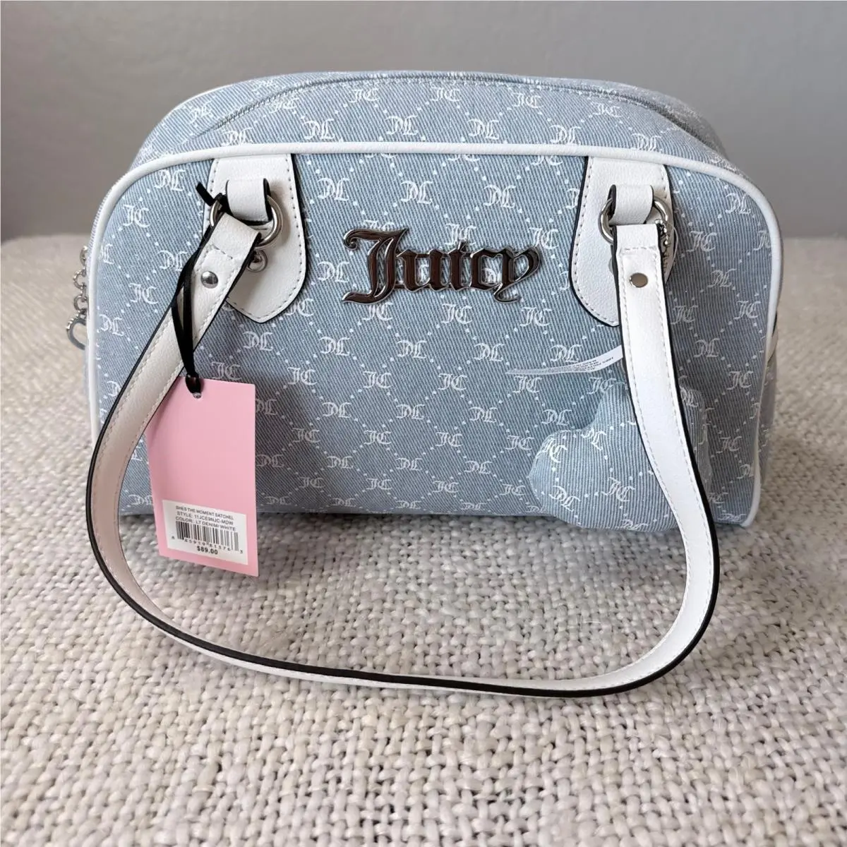 Shes The Moment Satchel LT Denim White Monogram Bag by Juicy Couture