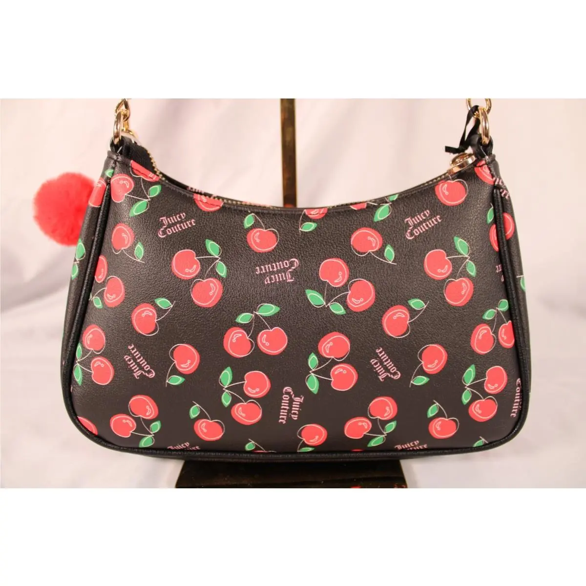 Cherry Girl Shoulder Bag Black Red Leather Pom Charm by Juicy Couture