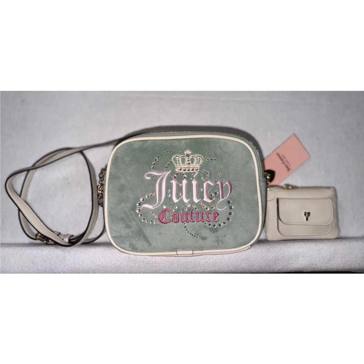 Dreamy Juicy Sage Logo Crossbody Zip Gold Chain Rhinestone Pouch by Juicy Couture