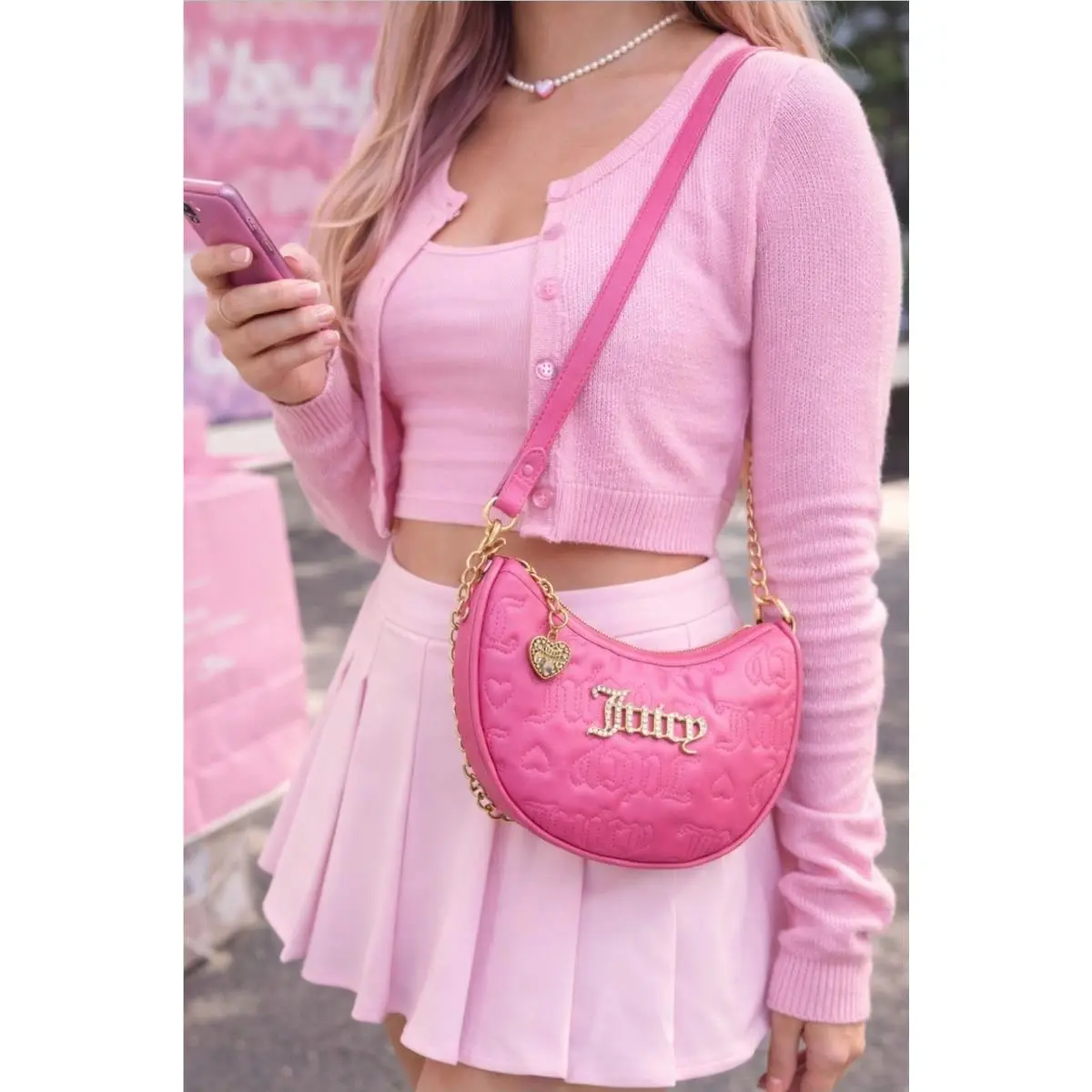 Pink Shoulder Bag Crossbody Heart Logo Mini Y2K Quilted by Juicy Couture