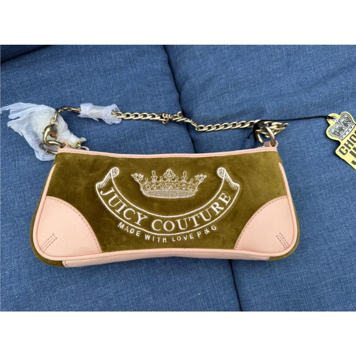 Vintage Y2K Velour Shoulder Bag Gold Chain Handle Leather by Juicy Couture