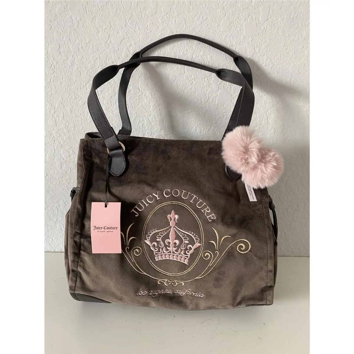 Juicy Couture Juicy Magnifique Tote Bag Chocolate Velvet W/pom Pom Charm