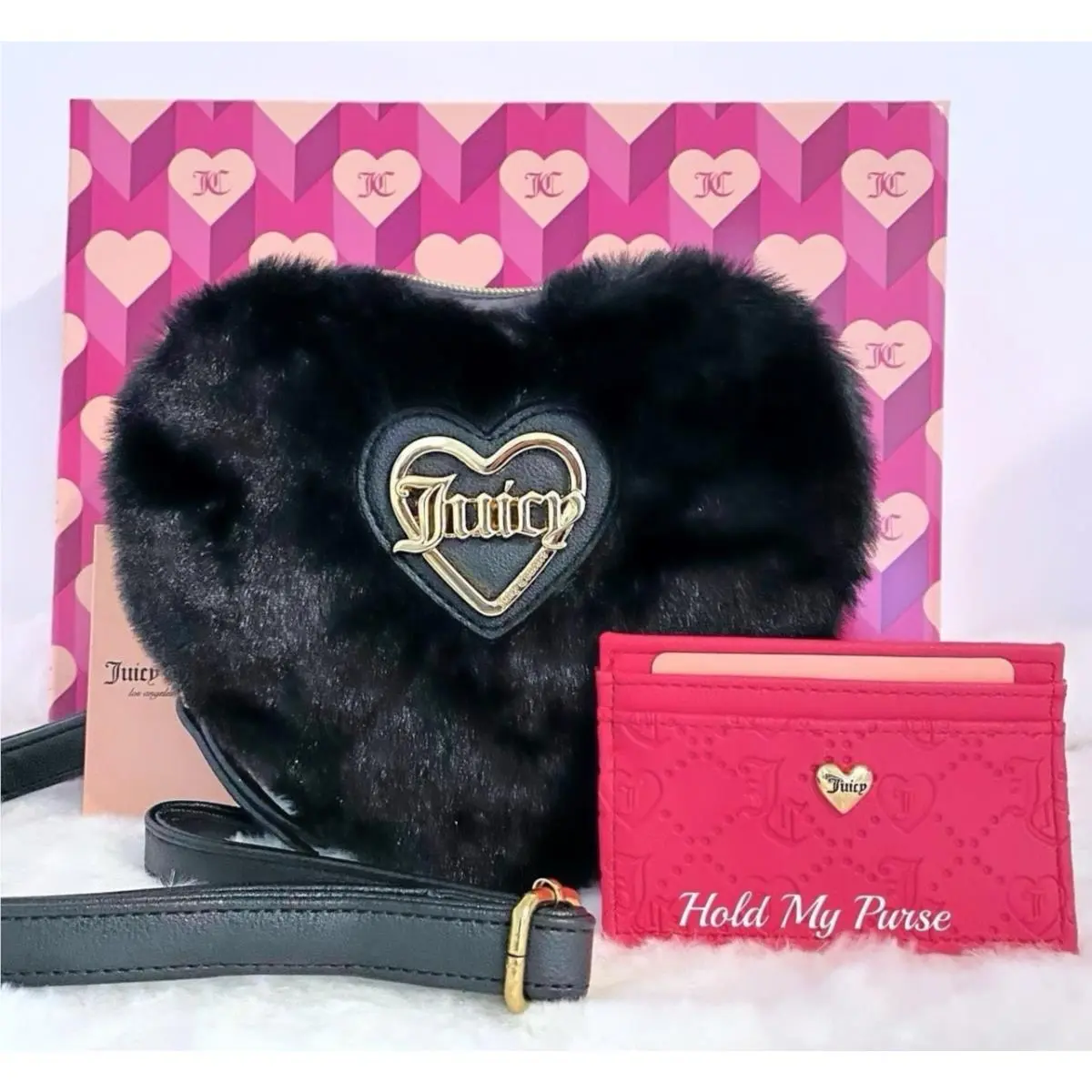 Fur Black Heart Crossbody Bag Pink Card Case Wallet Set by Juicy Couture