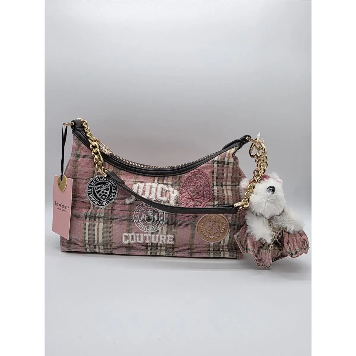 Varsity Small Pink Crescent Shoulder Bag Dog Charm by Juicy Couture