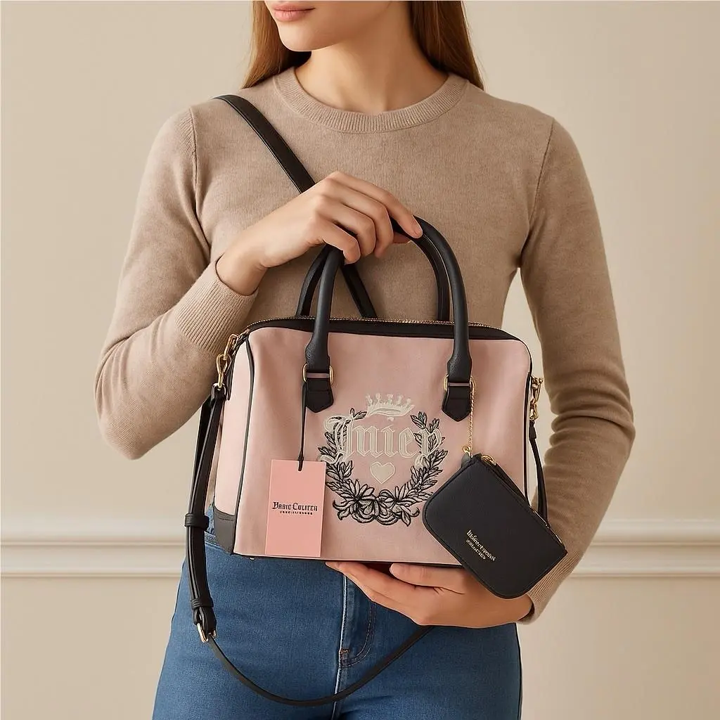 Juicy Y2K Vintage Style Satchel Bag Pink Velvet Crown Embroidery Charm Purse by Juicy Couture