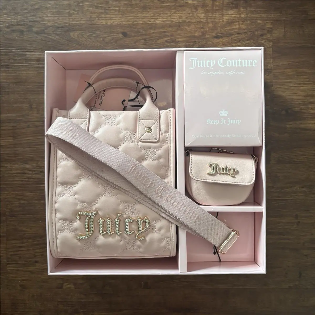 3 Piece Set Quilted Pink Diamond - Coin Purse/shoulder Strap by Juicy Couture