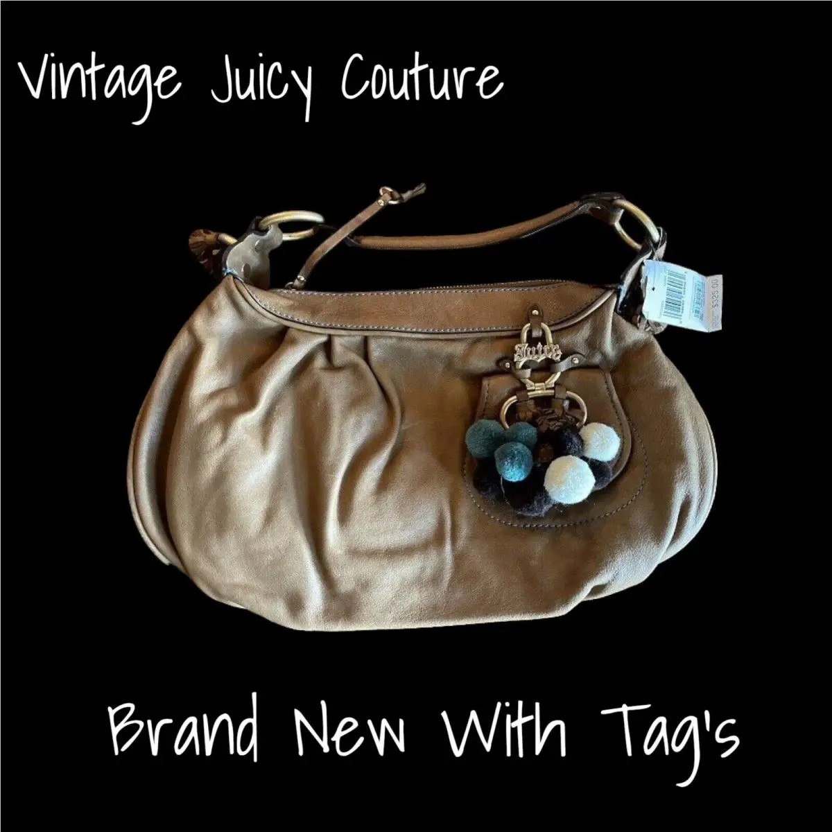 Vintage  Brown Leather Hobo Bag with Pom Poms - Y2K Style by Juicy Couture