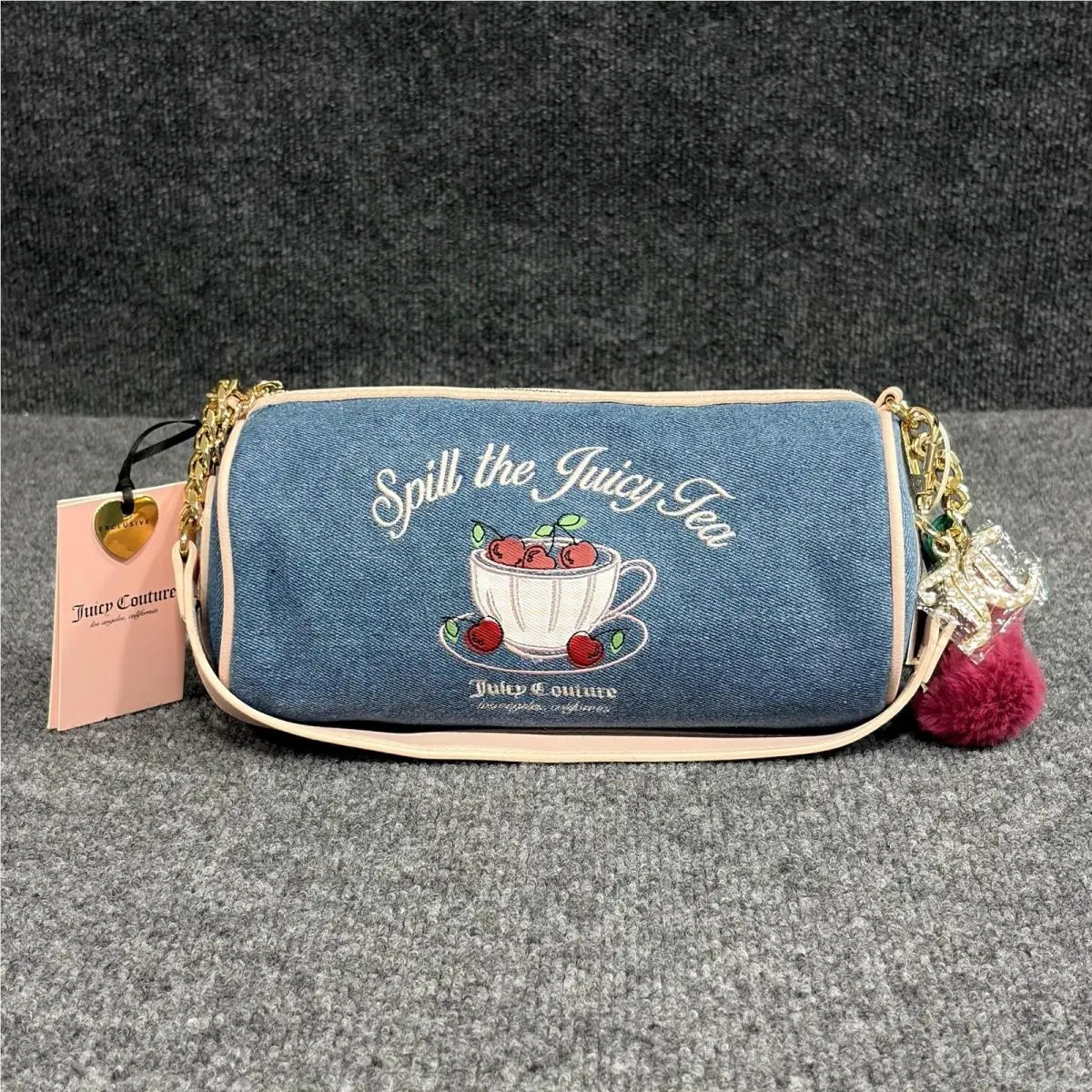Barrel Shoulder Bag Womens Spill The Juicy Tea Denim Tea Party by Juicy Couture