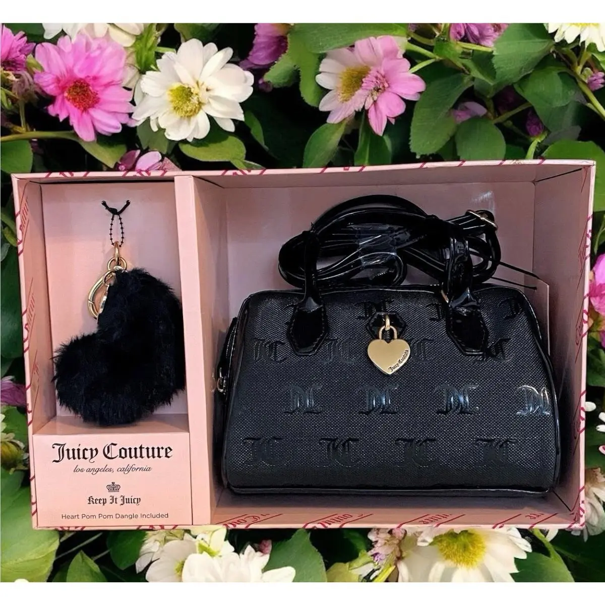 Black Liquorice JC Logo Print Mini Speedy Bag Heart Keycha by Juicy Couture