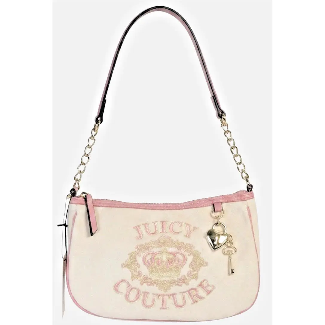 Velour Shoulder Bag Pink Cream Crown Embroidered Charm Y2K by Juicy Couture