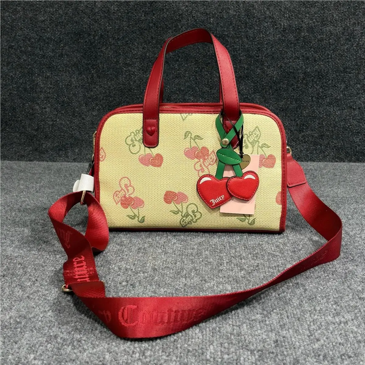 Juicy Paradise Satchel Bag Womens Small Beige Cherry Red Print by Juicy Couture