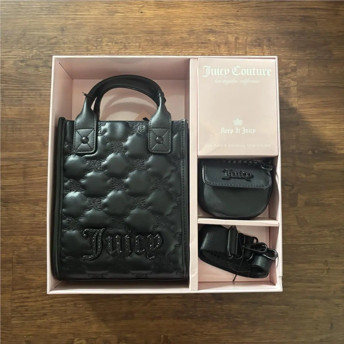 3 Piece Bag Set Gothic Quilted Liquorice Coin Purse/ Strap by Juicy Couture