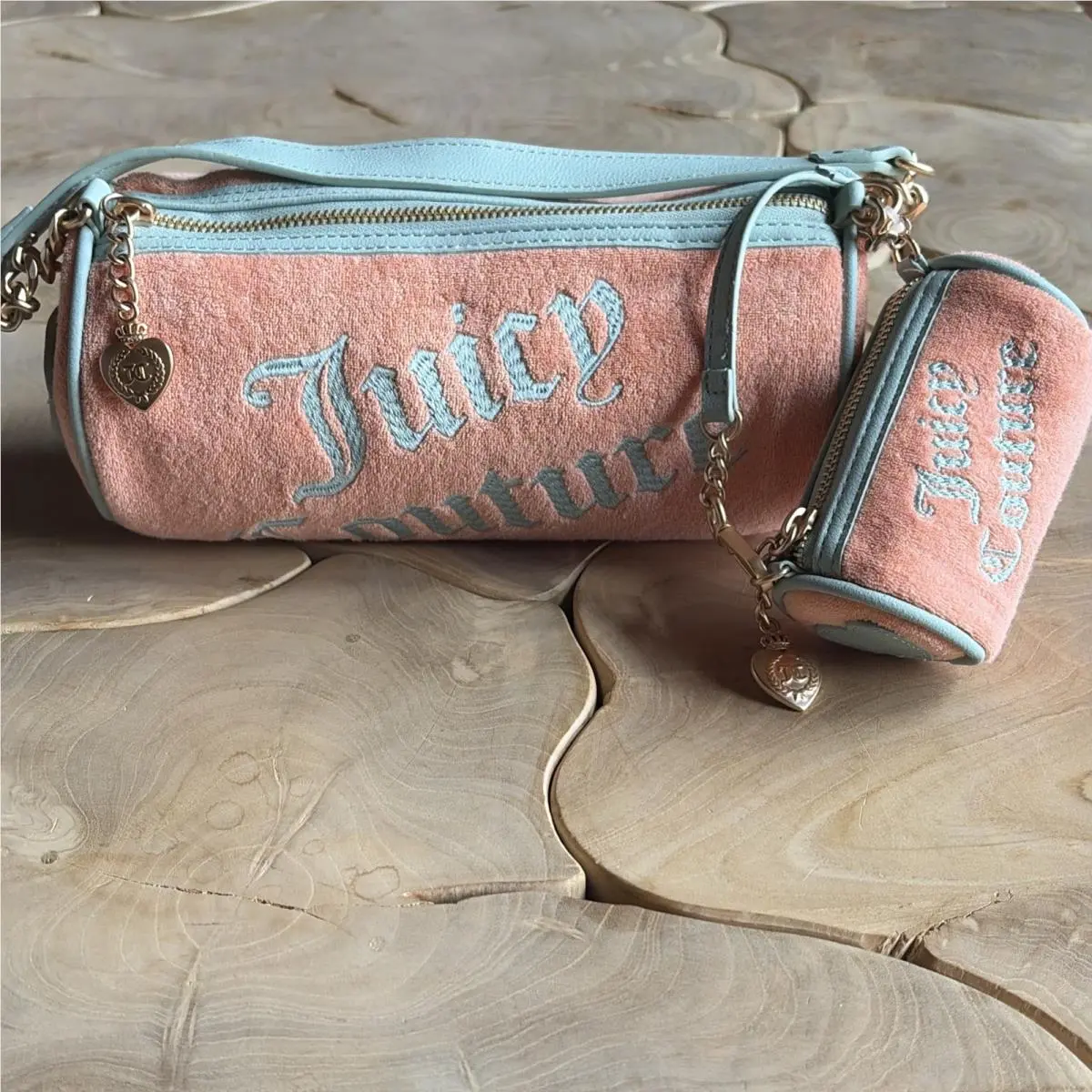 Orange Peach Velour Barrel Hand Bag Matching Mini Bag by Juicy Couture