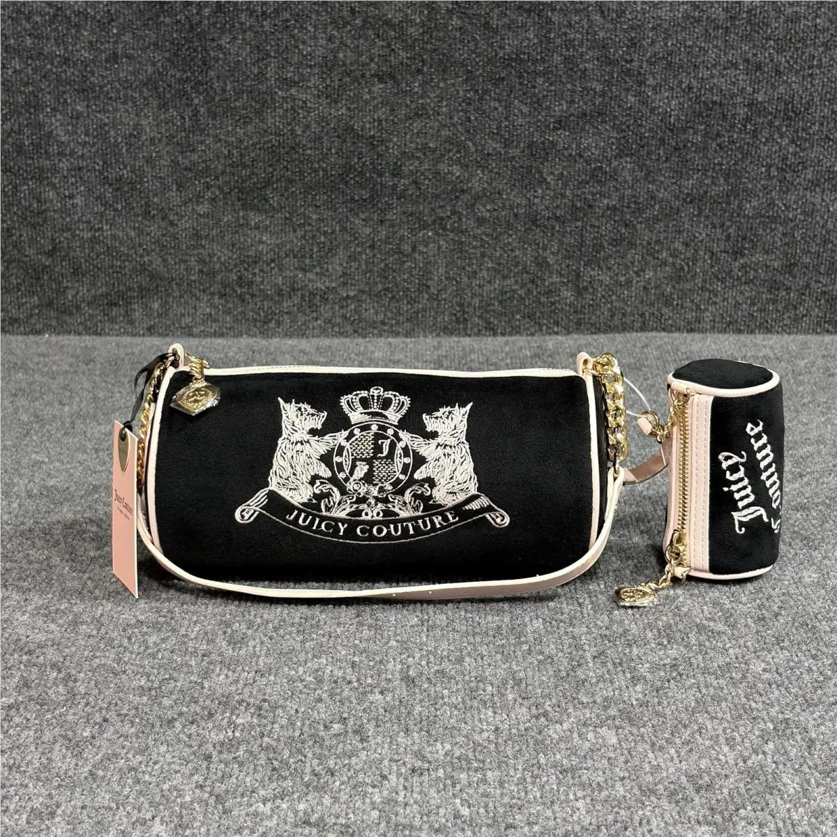 Satchel Bag Womens Small Black Velvet Barrel Scootie Dogs Pouch by Juicy Couture
