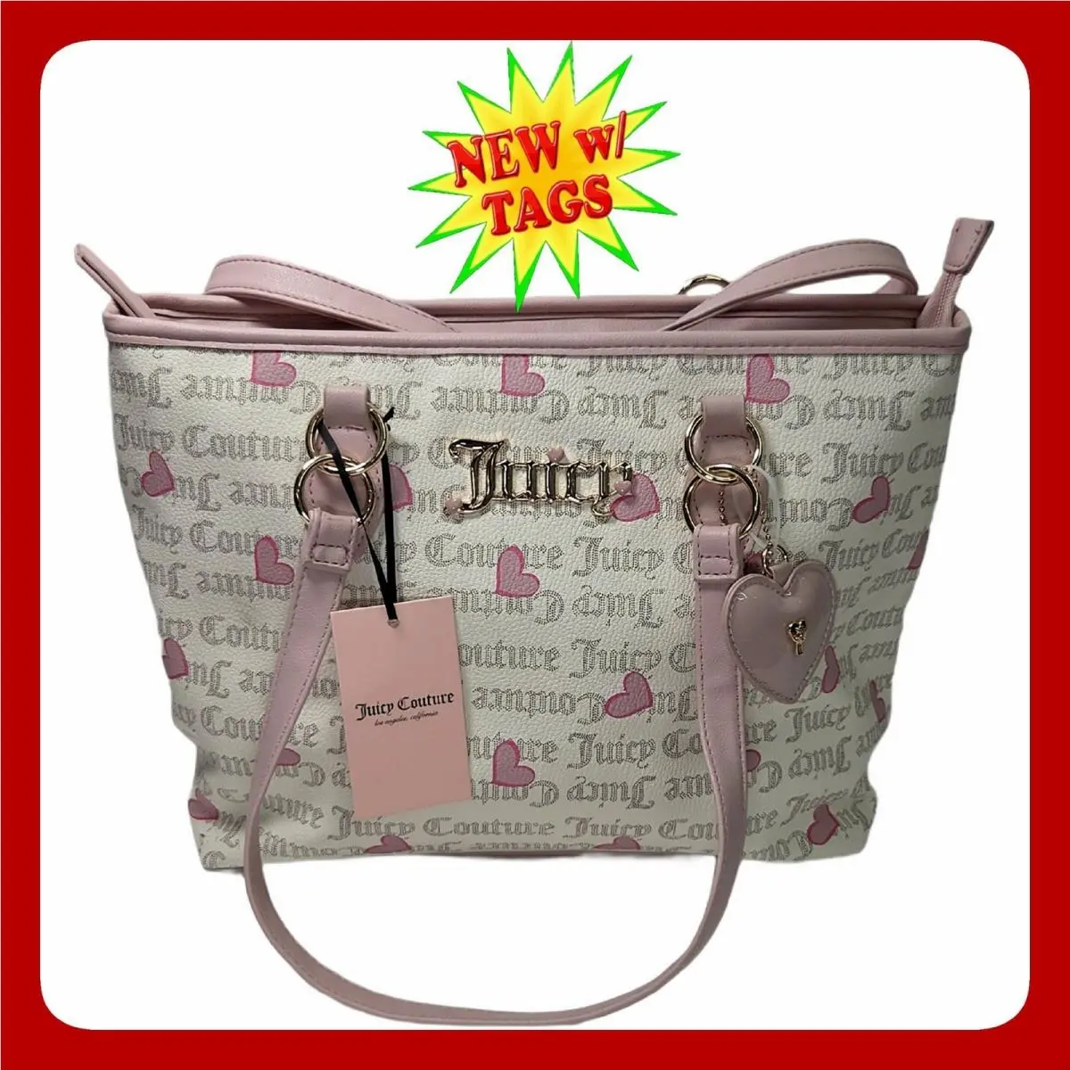 I Heart Tote Bag White Pink Charm 11JCDMZJC-GLW Handbag Logo by Juicy Couture