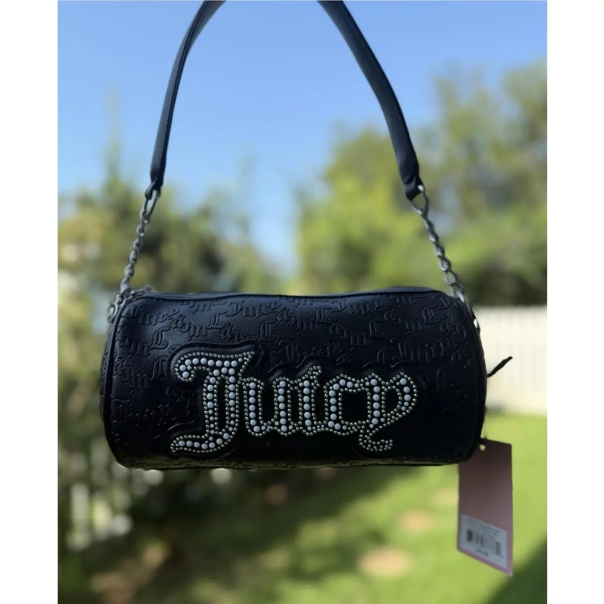 Black Barrel Handbag Purse Rhinestone Pearl Logo Chain Strap by Juicy Couture