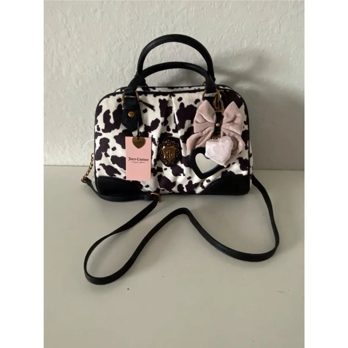Romance Cow Print Satchel In Liquorice White W/charm Viral by Juicy Couture