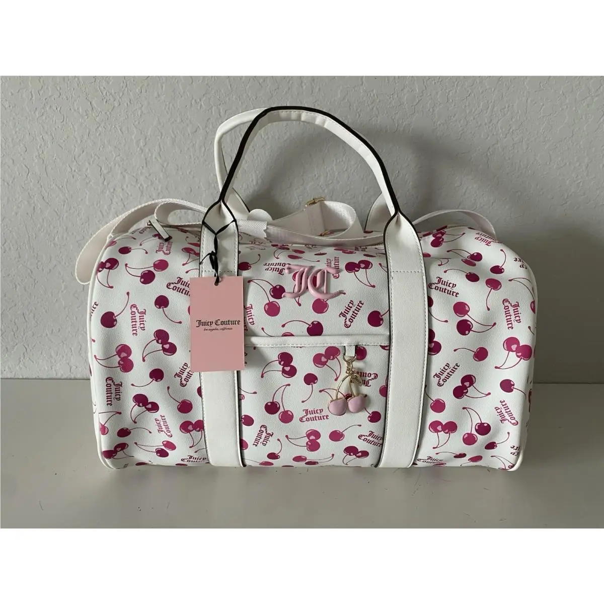 Cherry On Top White Multi Weekender Duffel Bag Cherries Charm by Juicy Couture