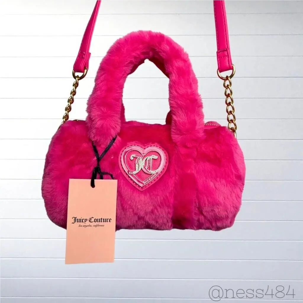 Lets Get Cozy Roll Bag Pink Flash Fur Heart Logo by Juicy Couture