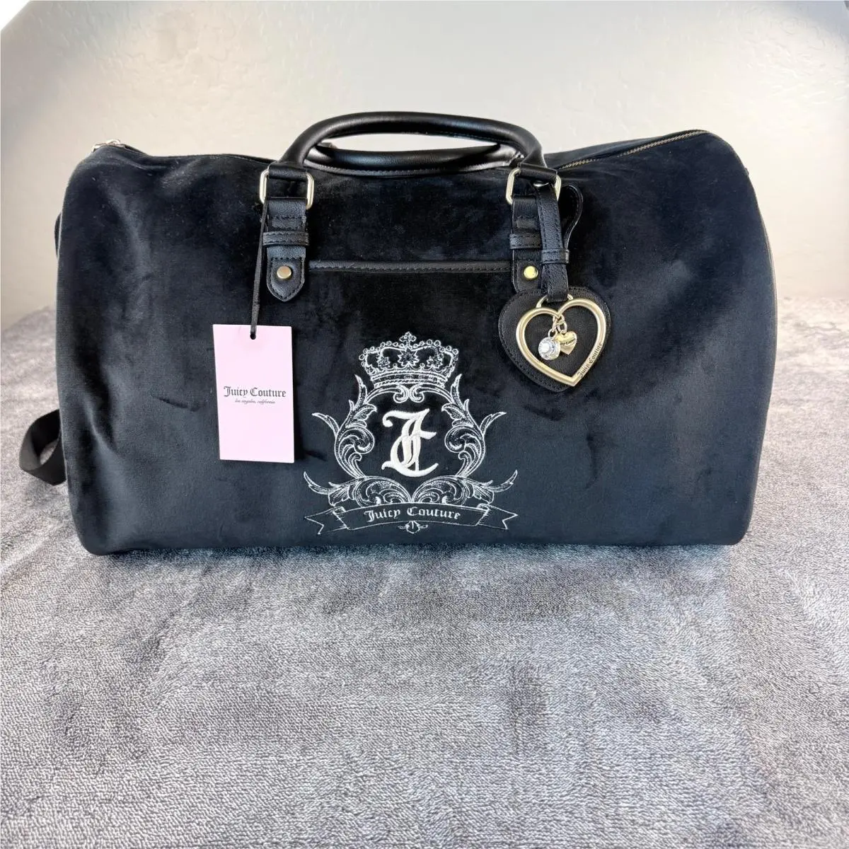 Black Velour Crest Weekender Duffel Bag Crossbody Travel Bag by Juicy Couture