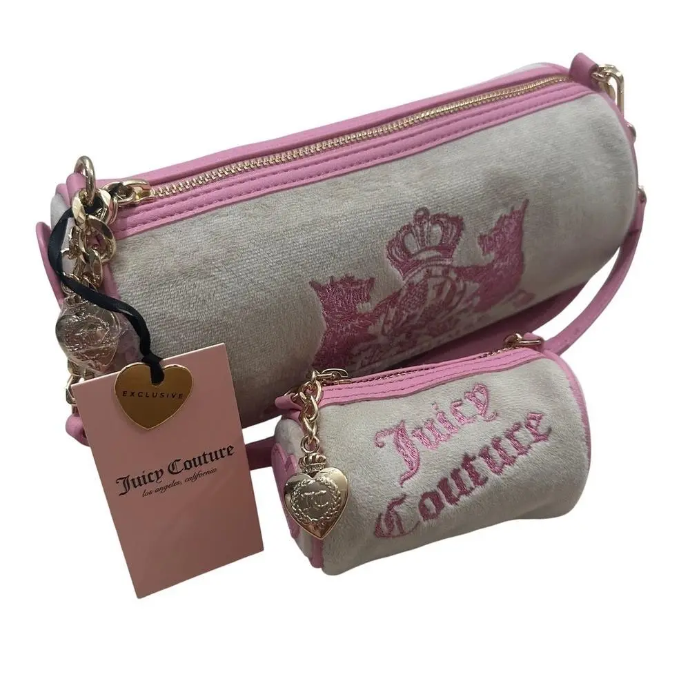 Pink Beige Velour Barrel Shoulder Bag Set with Mini Pouch Y2K by Juicy Couture