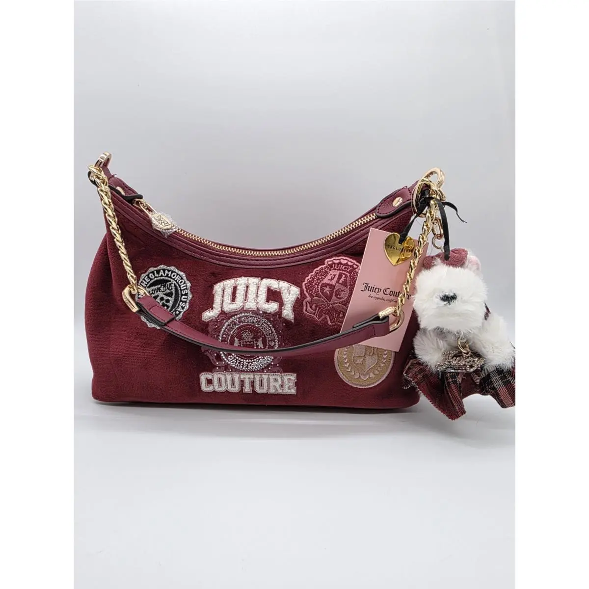 Varsity Small Burgundy Crescent Shoulder Bag Dog Charm by Juicy Couture
