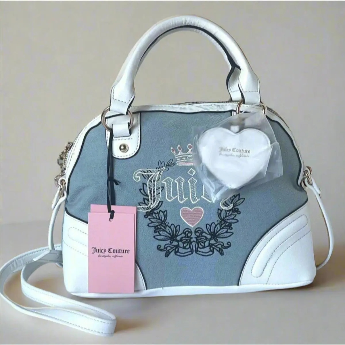 Heritage Satchel Medium Blue Denim White Vegan Leather Crossbody by Juicy Couture