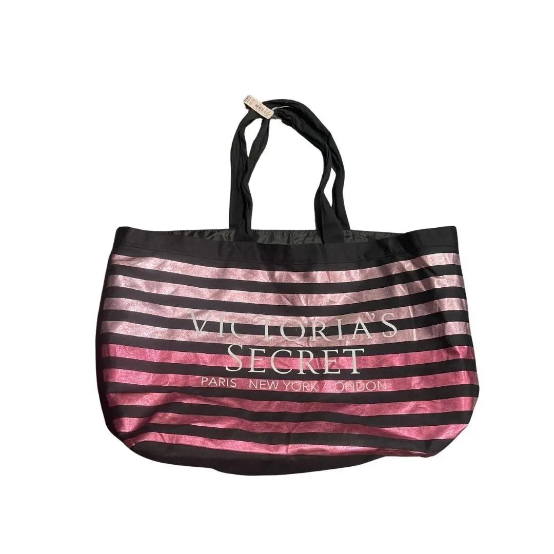 Victoria`s Secret Metallic Striped Tote Bag Travel Weekender Carry All Y2K by Victoria's Secret