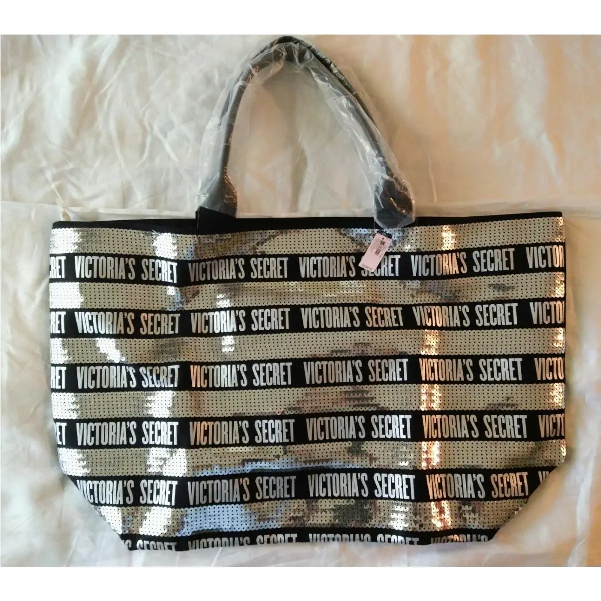 Victoria Secret Weekender Bag Womens Large Black Sequin Silver Travel Tote