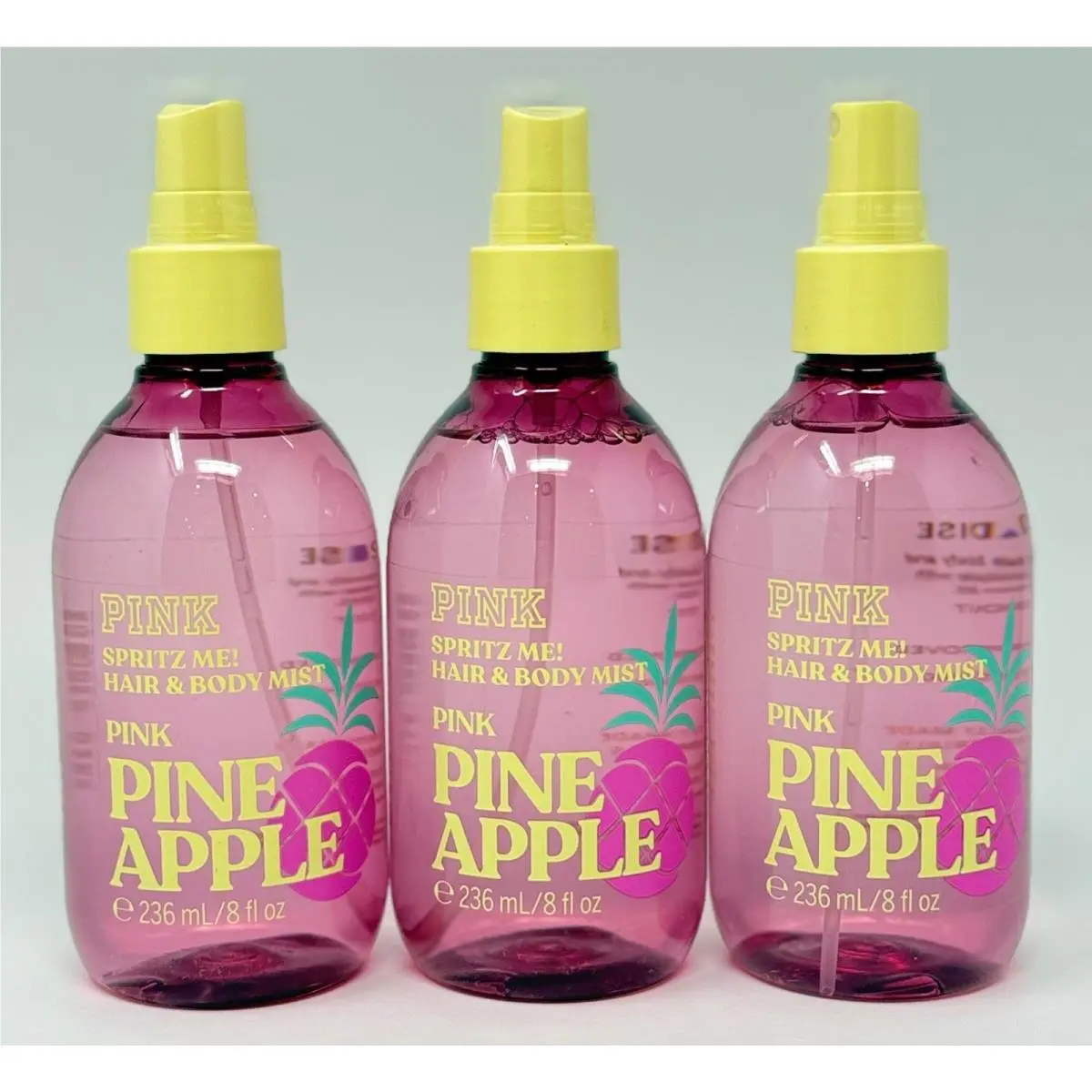 3 Victoria`s Secret Pink Pineapple Spritz Hair Body Mist Spray Hyaluronic Acid