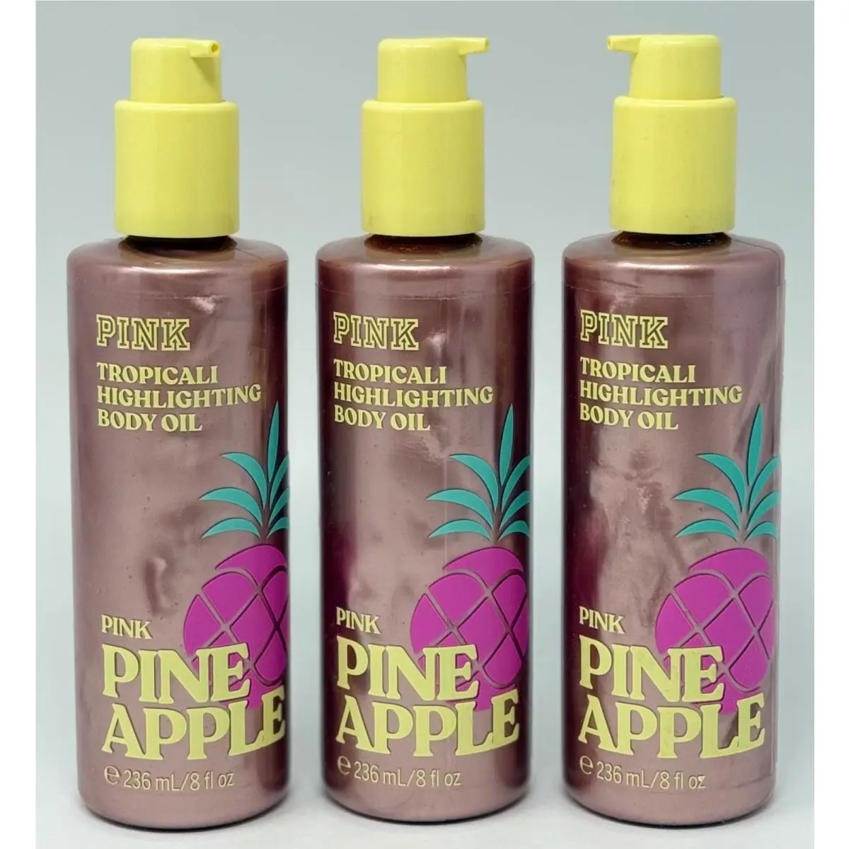 3 Victoria`s Secret Pink Pineapple Tropicali Highlighting Body Oil Shimmer 8 OZ