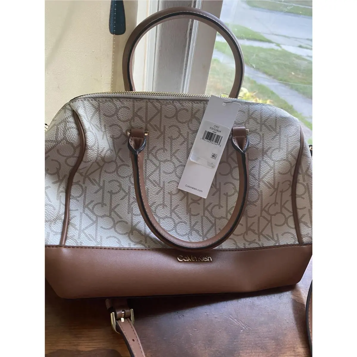 Monogram Satchel Crossbody Bag Cream Brown Trim 11 x 7 x 9 by Calvin Klein