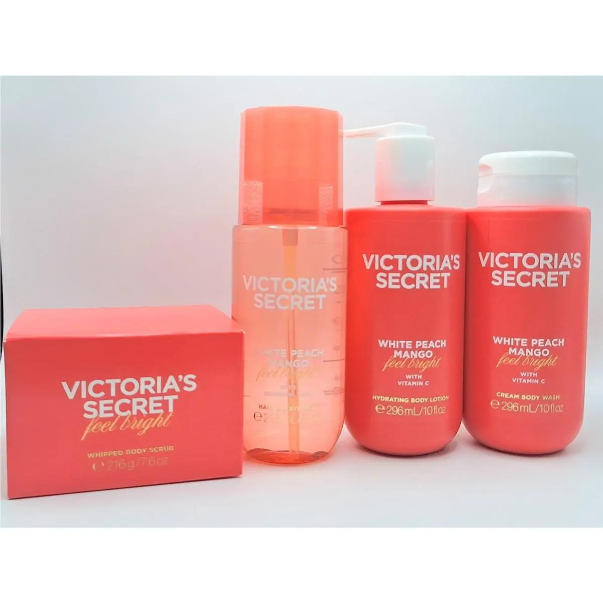 Victoria`s Secret White Peach Mango Feel Bright Body Lotion Mist Wash Scrub Set