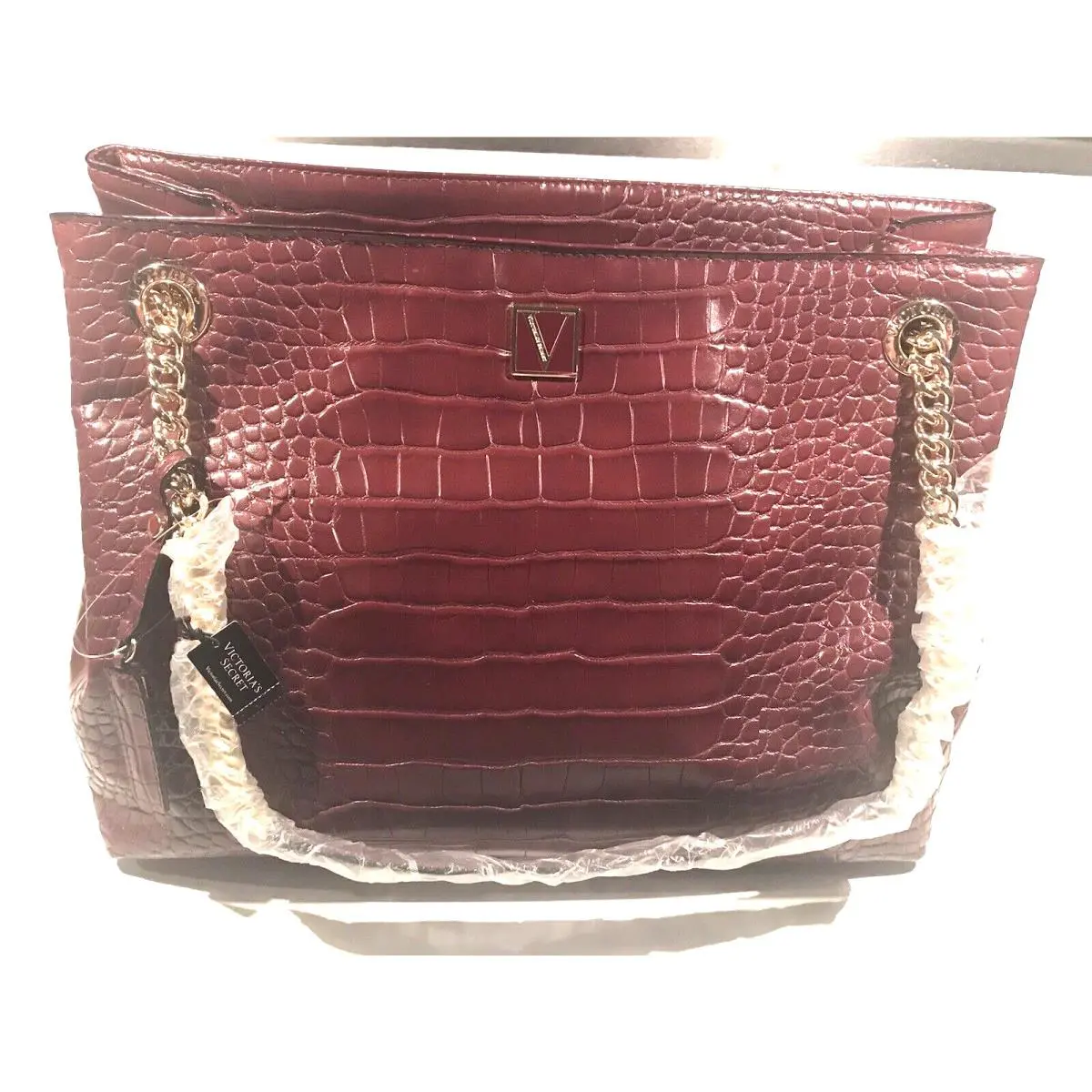 Victoria`s Secret Burgundy Croc Tote Bag with Gold Chain Handle Pockets