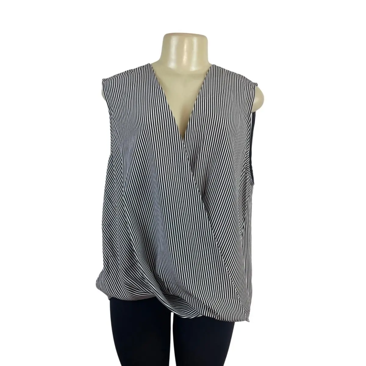 Rag Bone Womens Black White Striped Silk Sleeveless Wrap Blouse Sz XL