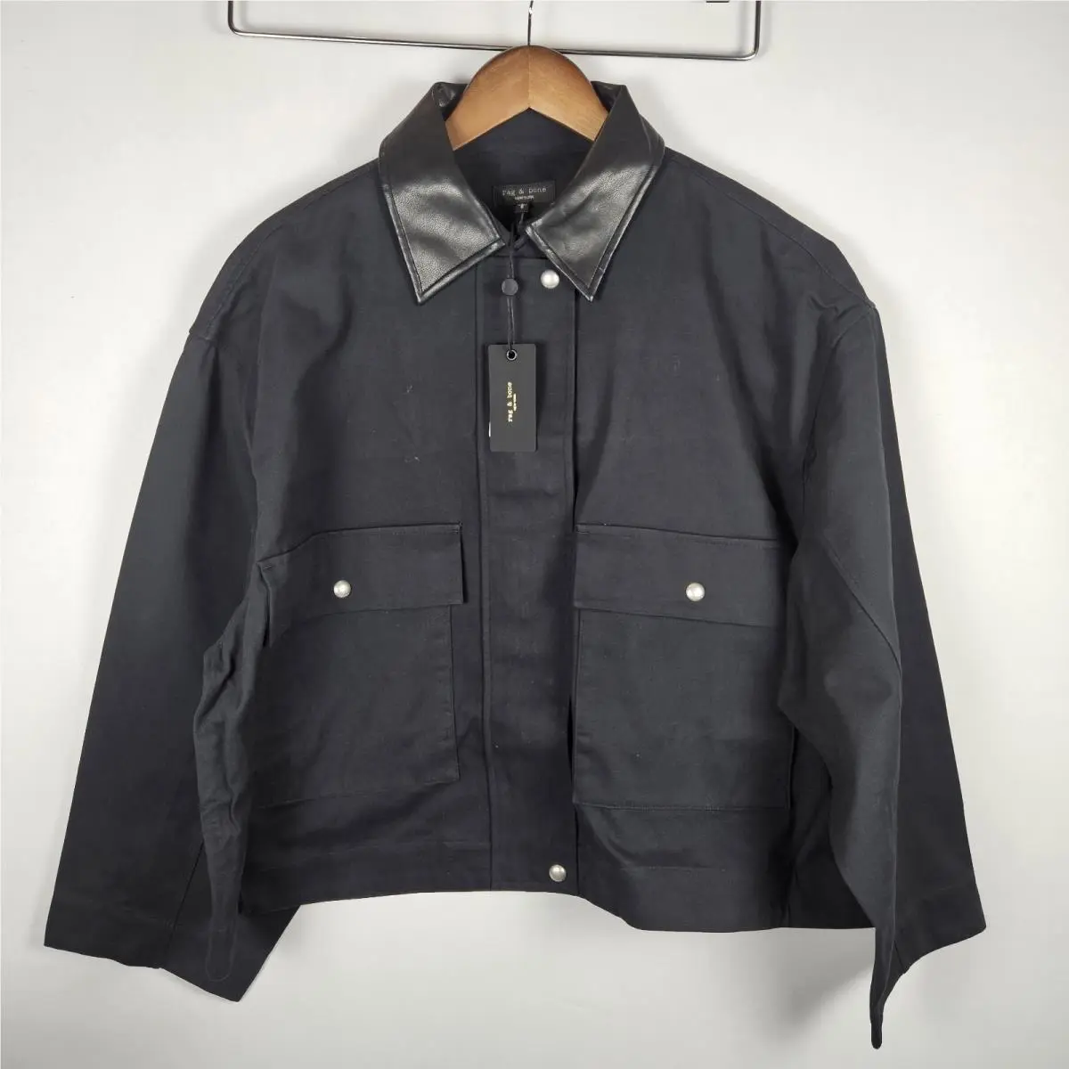 Rag Bone Nessa Jacket Women`s L Black Cotton Leather Collar
