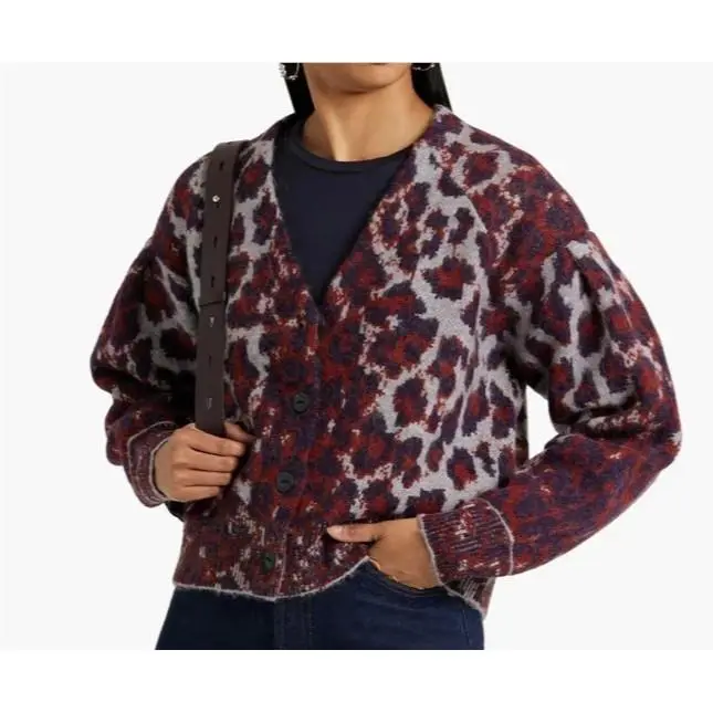 Rag Bone Wool Blend Sarah Leopard Cardigan Multi Grey L