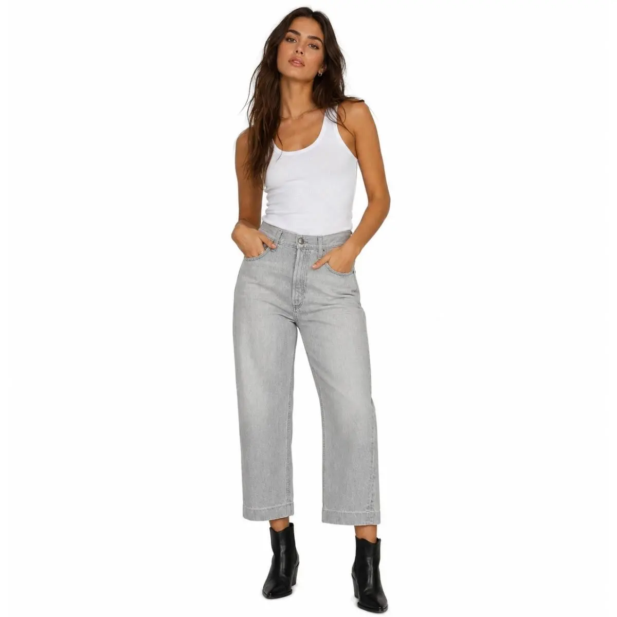Rag Bone Sofie Wide Leg Jeans Grey Anchor High Rise Button Fly 31