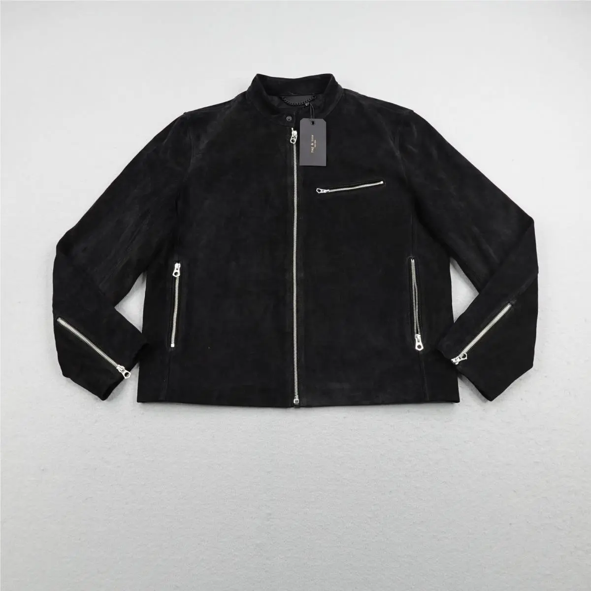 Rag Bone Jacket Mens Large Black Suede Icon Cafe Racer Moto Full Zip Coat