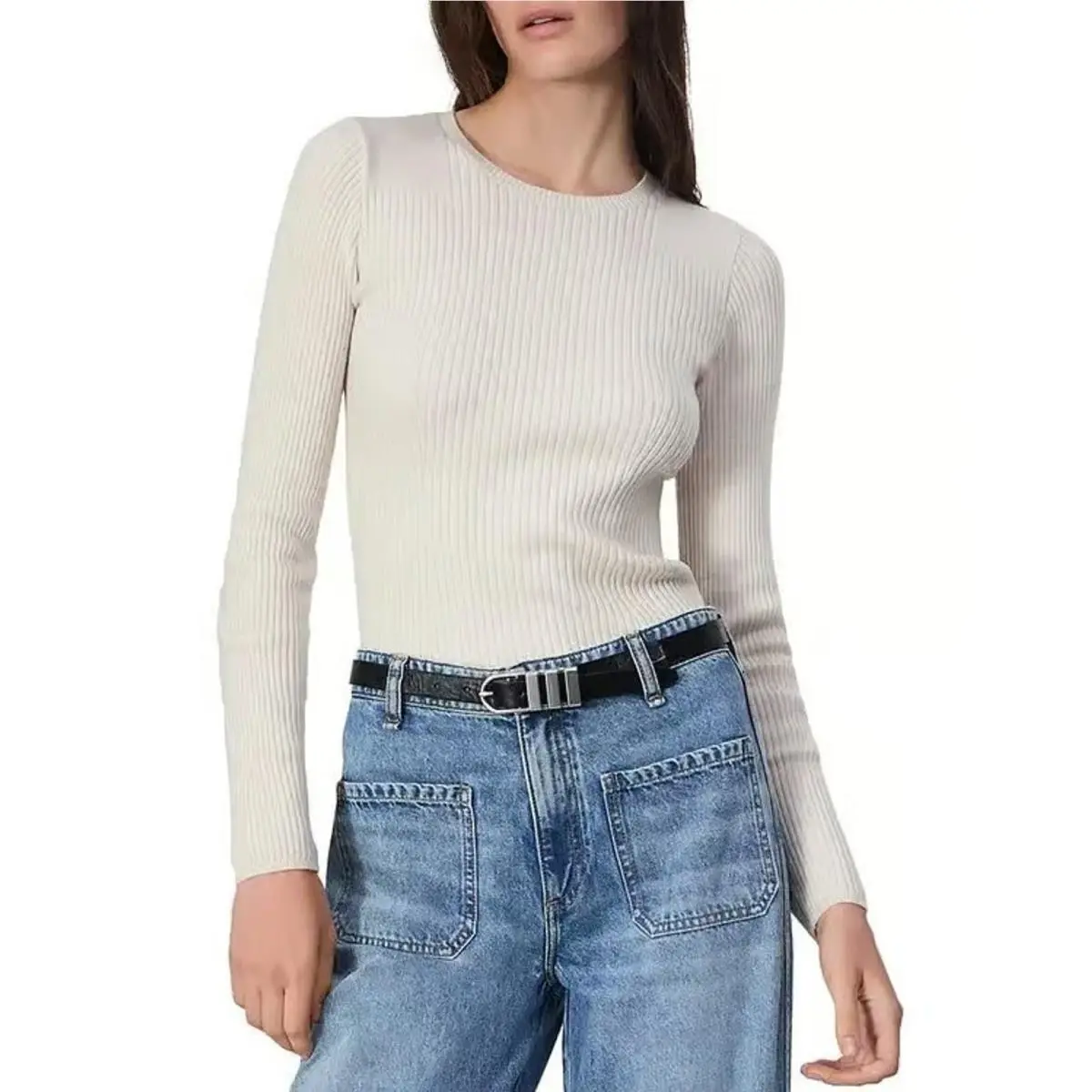 Rag Bone Women Off White Wool Ribbed Knit Audrina Long Sleeve Sweater Size M