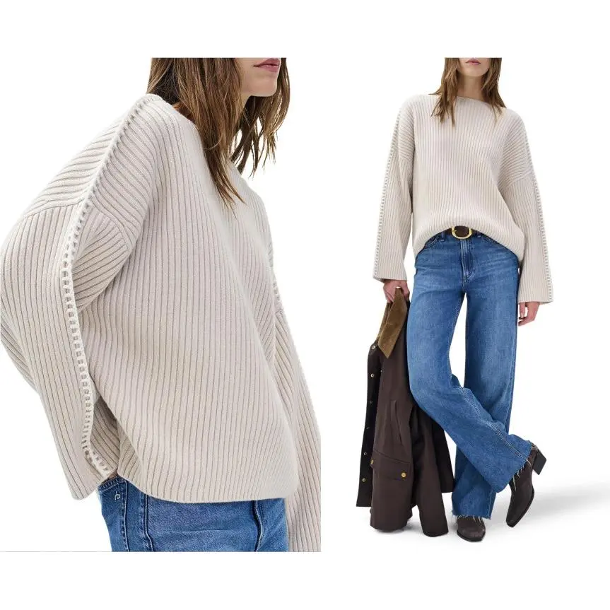Rag Bone Ingrid Wool Stitch at Sleeves Rib Sweater Light Oats sz L