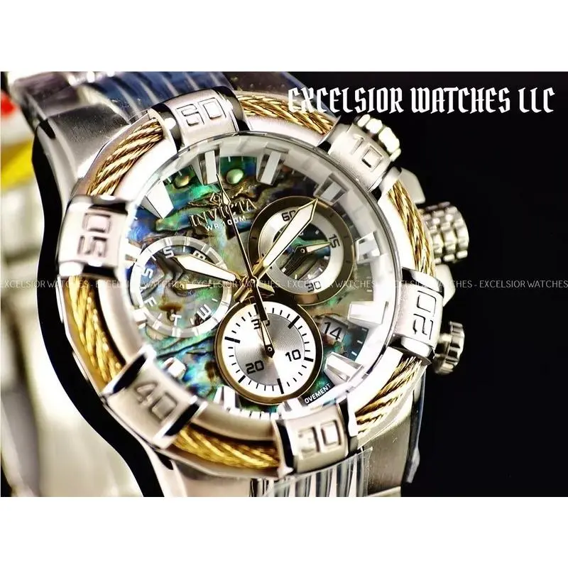 Invicta 51mm Men`s Bolt Chronograph Abalone Dial Silver Tone Stainless St Watch