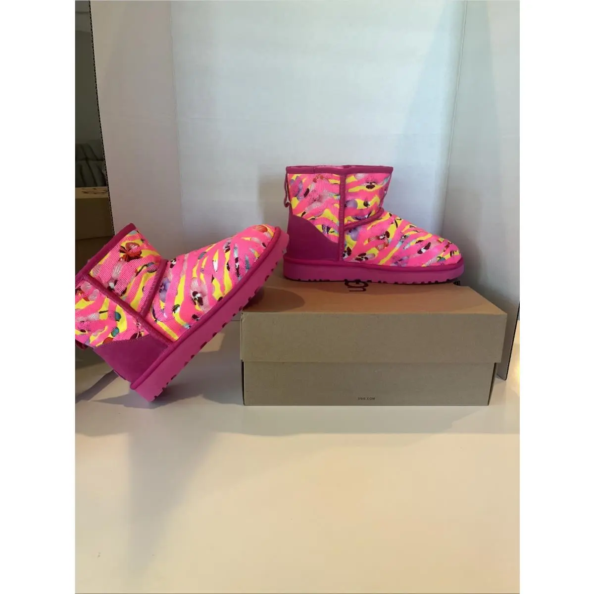 Ugg Women’s Classic Mini Tiger Flower Boots: Pink/yellow: SZ 9