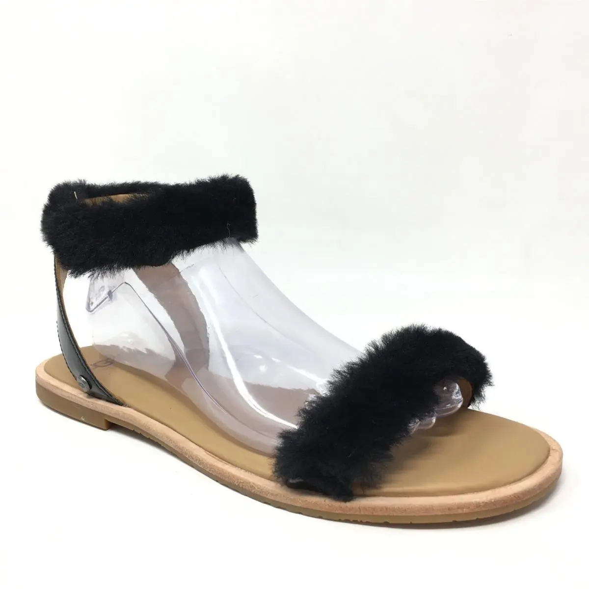 Ugg Fluff Springs Sandals Shoes Womens Size 10 Black Patent Sheepsk