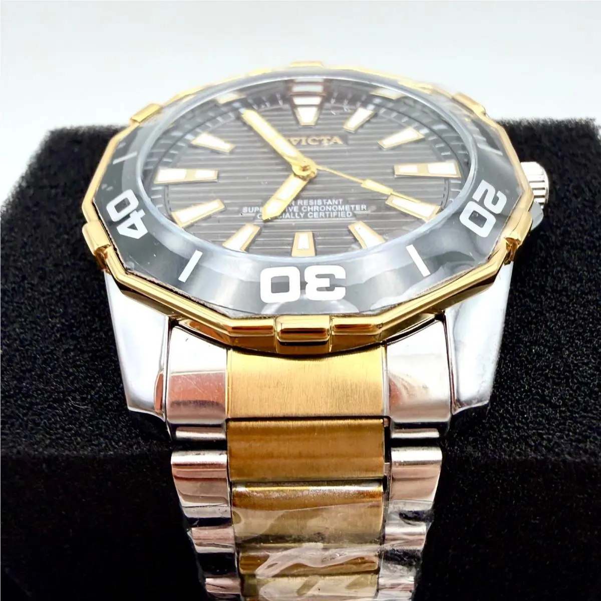 Men`s Invicta Dodecagon Diver 2-Tone Black Gold Stainless Steel Watch