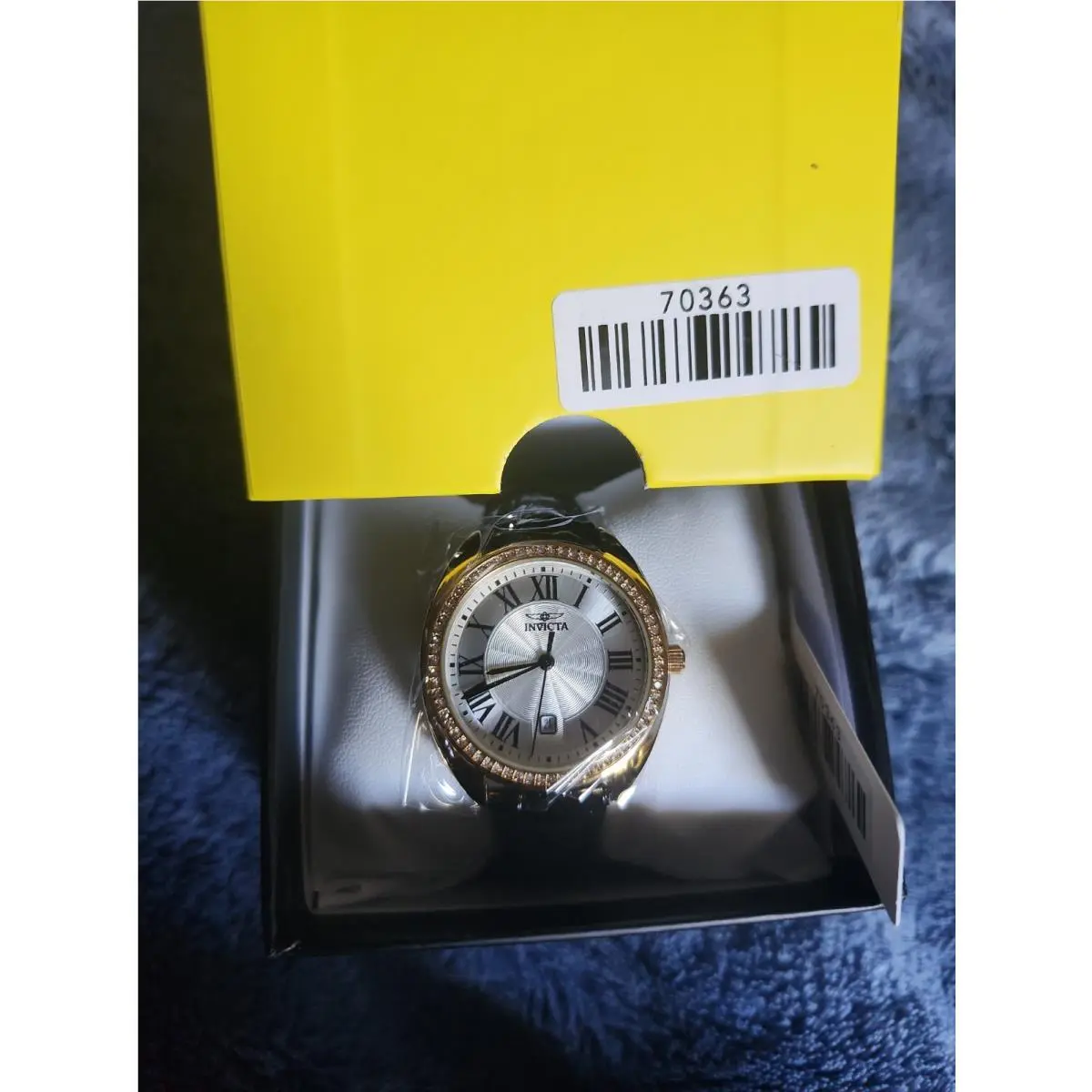 Women’s Quartz Dress Watch Silver Roman Dial Date Black Strap 70363 by Invicta