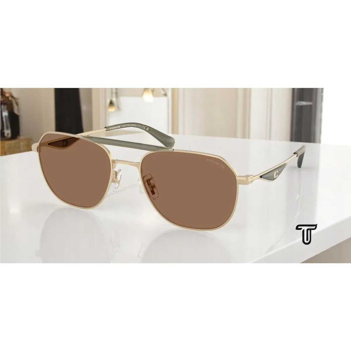 HC7178 900573 CAE80 Satin Lt Gold Olive Green Brown 57 mm Men`s Sunglasses by Coach